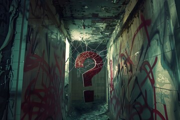 Dark city graffiti on an old, abandoned building wall with red big question mark 