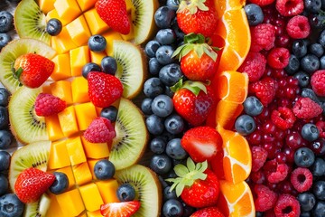 Assorted fruit platter blueberry strawberry mango raspberry kiwi