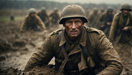 Soldiers in War trench warfare mud and slush - obrazy, fototapety, plakaty