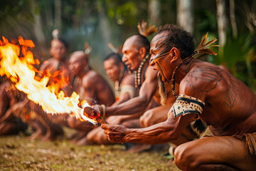 Group of Yugambeh Aboriginal warriors men demonstrate fire making craft during Aboriginal culture show in Queensland, Australia
 - obrazy, fototapety, plakaty