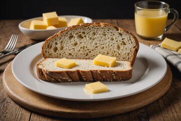 Slice of country bread on a plate with butter