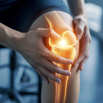 close up of a person holding knee, concept image knee pain or injury of cruciate ligament or cartilage