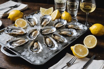 Raw oysters on ice in metal silver tray on metal table with slices of lemon, small forks, and glasses of white wine, and a white linen napkin.