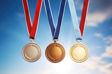 Three medals with red, blue, and light blue ribbons against a clear blue sky, representing achievement.
