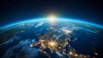 Earth from Space with City Lights at Sunrise
 - obrazy, fototapety, plakaty