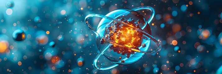 Stylized rendering of an atom,
Atomic dance subatomic realm electrons neutrons and protons orbit a fixed nucleus in a model empty space  - obrazy, fototapety, plakaty