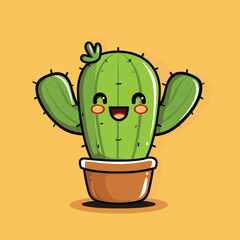 Cute, smiling cactus in a pot, yellow background.