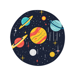 Colorful, whimsical depiction of planets and stars in space