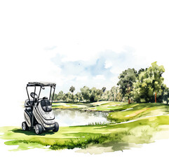 Watercolor Golf Field with Golf Bag isolated on White Background