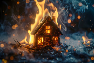 a toy wooden house on fire. The concept of security