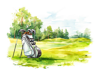 Watercolor Golf Field with Golf Bag isolated on White Background