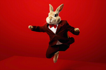 A chubby bunny dressed in a formal suit, happily hopping on a red solid backdrop.