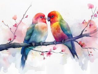 Softedge watercolor pair of lovebirds, vibrant branch setting, 4K quality, rich and romantic