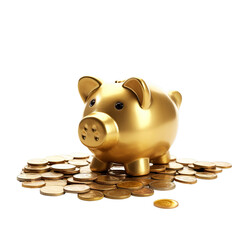 A Golden piggy bank with gold coins, Isolated on transparent PNG background, Generative ai