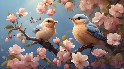 May sees a charming bird that flies with her wings waving to a branch of an apple tree in bloom.