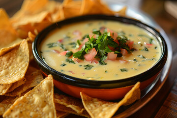 Bowl of warm queso (cheese dip) with a plate of tortilla chips - obrazy, fototapety, plakaty