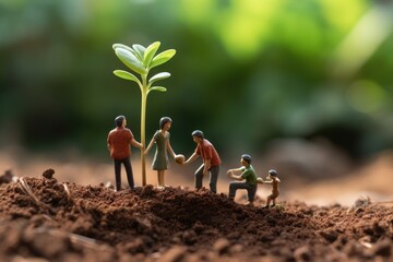 Small figurine family collaboratively planting a green sapling, symbolizing growth and togetherness. Miniature Family Planting Young Sapling