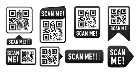 Qr code vector frames set. Scan me your phone tag. QR code mockup, layout. Qr code for payment, e-wallet, web, mobile app. UI UX design element. Barcode scan for smartphone. Vector illustration