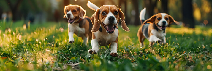 Running beagle dogs run on the green grass in summer - obrazy, fototapety, plakaty