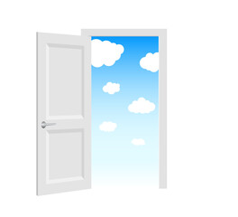 Opened white door with view on clear sky. Door to heaven. Vector illustration
