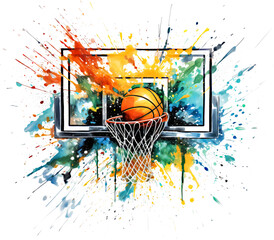 Watercolor Colorful Basketball Ball and Hoop isolated on White Background