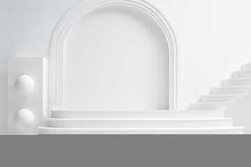 A clean, minimalist white interior with arches and a modern staircase. Minimalist White Arch and Staircase Design