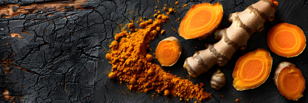 Realistic photo image turmeric on a wooden table,
Aromatic turmeric powder and raw roots on grey background Cook detox asian healthy food