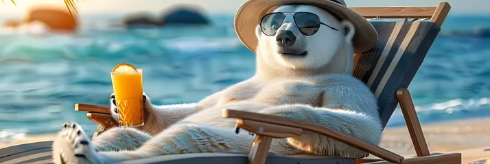 Tuinposter A polar bear in a hat and glasses is relaxing on the beach in a chaise longue drinking orange juice. 3d illustration © john