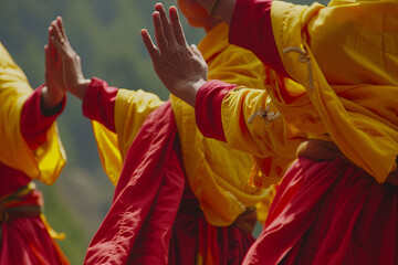 Monks dancing at the Tchechu festival in Ura - Bumthang Valley in Bhutan
 - obrazy, fototapety, plakaty