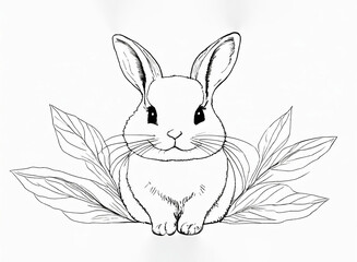 A black and white rabbit, simple pencil drawing on a white background.
