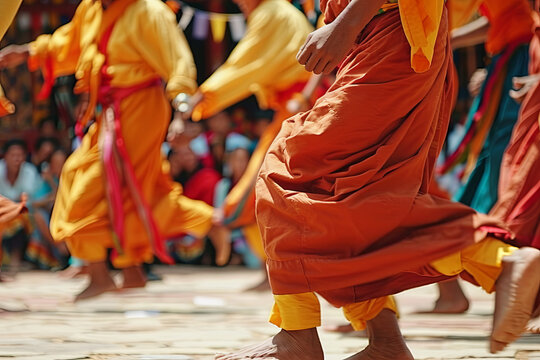 Monks dancing at the Tchechu festival in Ura - Bumthang Valley in Bhutan
