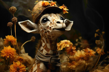 A baby giraffe in a brown hat, reaching for leaves on a brown background.