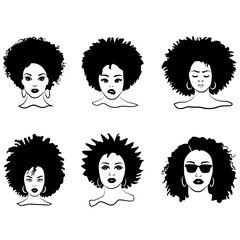 Set of Black African American woman, African Women Vector, Black woman with afro hair silhouette vector, Beautiful portrait of an African American woman in vector, afro woman in vector design