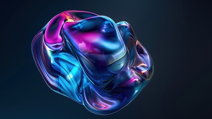 Abstract floating shape made of liquid metal. Holographic rainbow object material for graphic design.