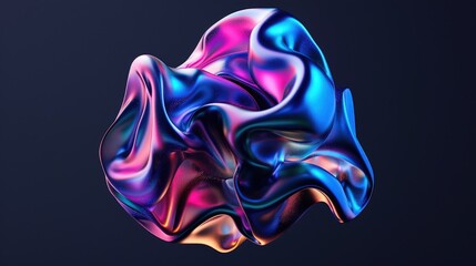 Abstract floating shape made of liquid metal. Holographic rainbow object material for graphic design.