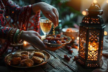 Ramadan food and drinks concept. Woman hand reaches out to a plate with date with Ramadan Lantern with arabian lamp, wood rosary, tea, dates fruit and lighting on a wooden table

