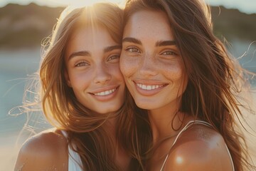 Outdoor Portrait of Happy Mother and Daughter Kissing by the Lake, in White Dress, Brown Hair Woman with Long Straight Dark Chestnut Hair, Natural Light, Green Grass Background - obrazy, fototapety, plakaty