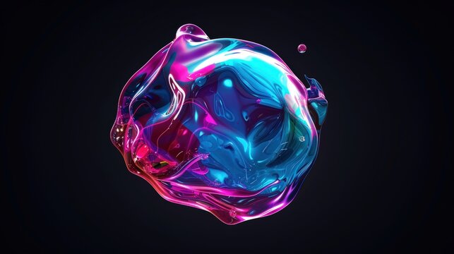 Abstract floating shape made of liquid metal. Holographic rainbow object material for graphic design.