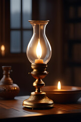 Burning candle in a candlestick with glass in the style of an old kerosene lamp