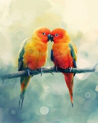 Romantic watercolor lovebirds on a branch, 4K, vibrant colors with soft edges, visually captivating