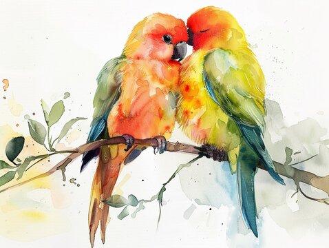 4K watercolor lovebirds, soft edges, vibrant on branch, serene and vivid, romantically depicted