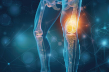 A graphic of the knee with an area highlighted in pain, set against a blue background