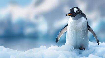 Fototapeta premium penguin in an iceberg pointing its flipper wing on blue background with copy space AI generated