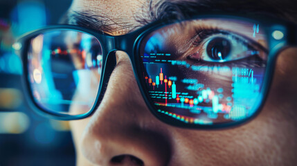 A close-up of an eye reflecting vibrant digital stock market data through glasses.