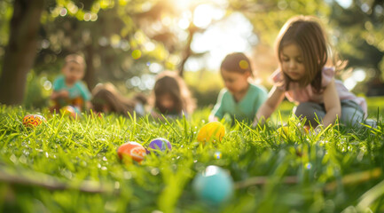 A group of children playing an Easter egg hunt in the garden, with colorful eggs scattered around...