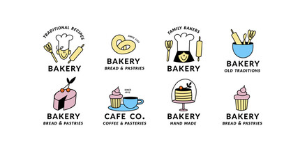 Vector set of templates linear logos for bakery, cafe, cupcake shop, pastries. Emblem with bakery objects