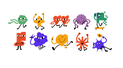 Vector illustration set of cartoon geometric shapes characters ?n retro style. Groovy stickers with different emotions for social media