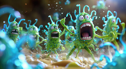 A group of cute green bacteria with big eyes and open mouths, fighting against a blueish black background
