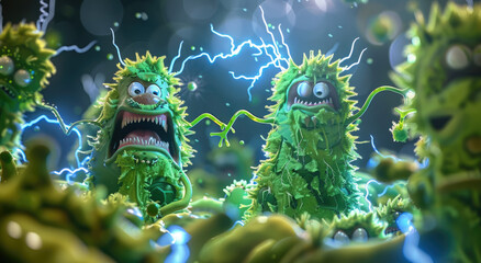 A group of cute green bacteria with big eyes and open mouths, fighting against a blueish black background - obrazy, fototapety, plakaty