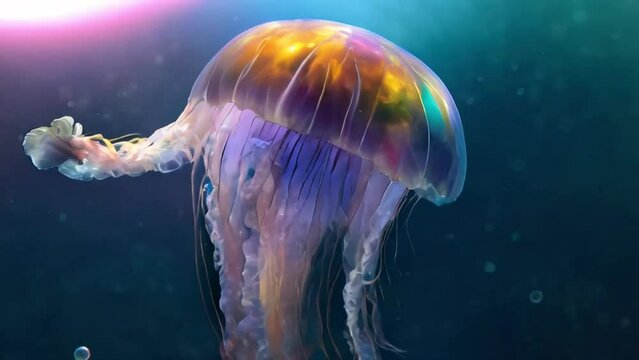 Transparent jellyfish, sun rays piercing through sea water
